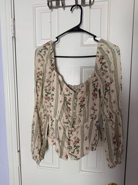Reformation Cream Floral Peasant Top with Pink & Green Accents